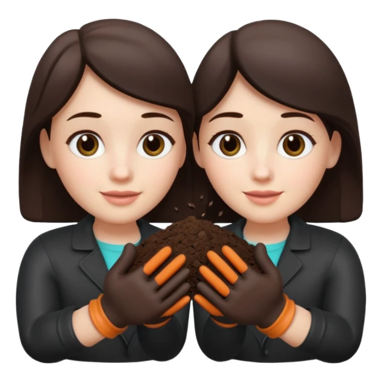 A 3D cartoon pair of gloved hands holding rich dark soil, small bits falling between fingers, bright garden background, soft light, Memoji-style realism. sticker