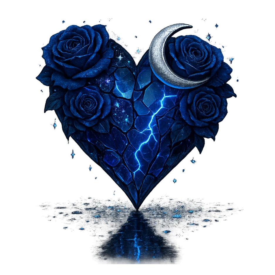 gothic heart formed from splintered deep blue glass, embellished with a silver crescent moon, midnight blue roses, sparkling holographic stardust, neon lightning, wet reflective surface sticker