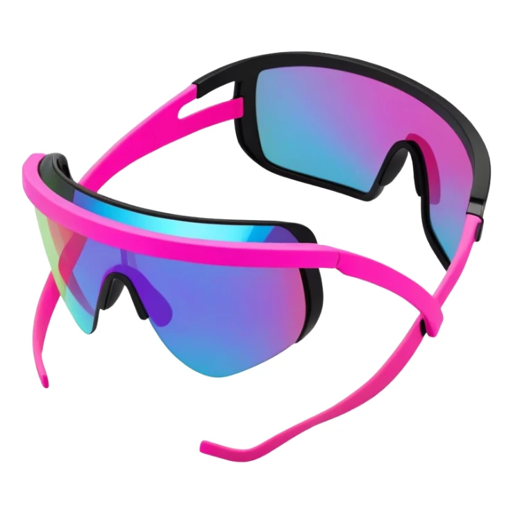 sporty neon pink shield visor sunglasses with thick black frame and integrated elastic strap, oversized one-piece mirrored lens, extremely durable design sticker