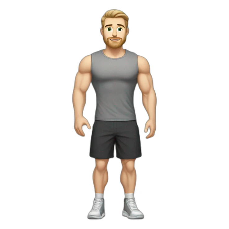 Full height Pale skinned fit man With biceps, Realistic eyes and mouth, light brown hair and stubble In dark gray sleeveless mike, black oversize sports shorts, watch and white sneakers. sticker