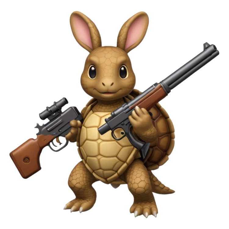 Turtle with a rabbit on its back that has a gun sticker