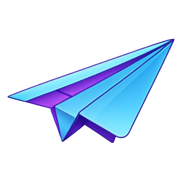 Telegram paper airplane logo in classic blue color, with neon glow lines, blue neon glow on top left, purple neon glow on bottom right sticker