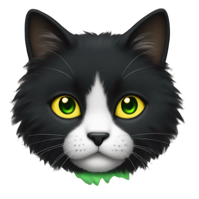 A black fluffy cat with green-yellow goaz and a white chin sticker