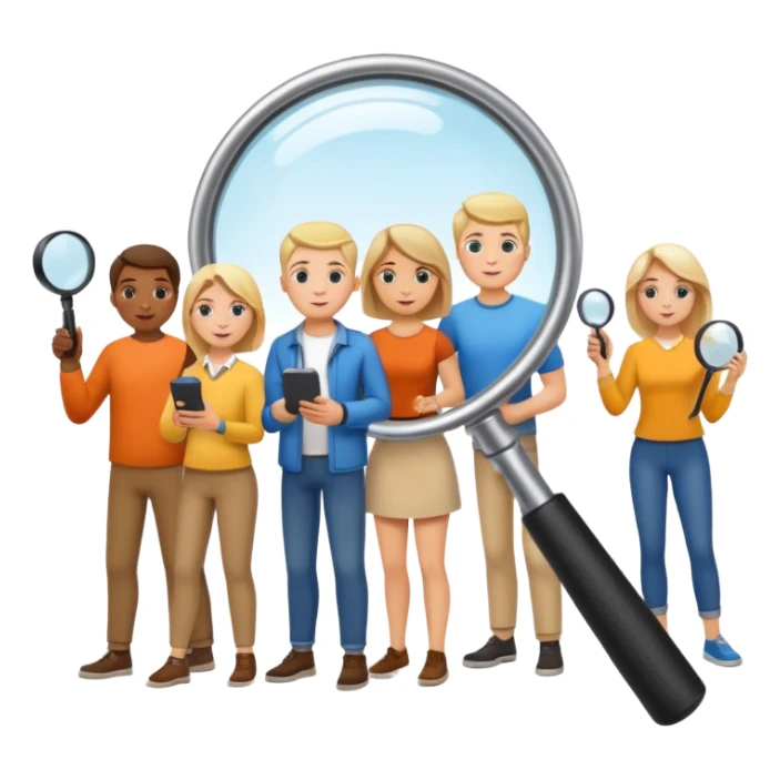 many \white people, searching, hobbies, interests, magnifying glass, users, explore, activities, find, discovery, passion, pursuit sticker