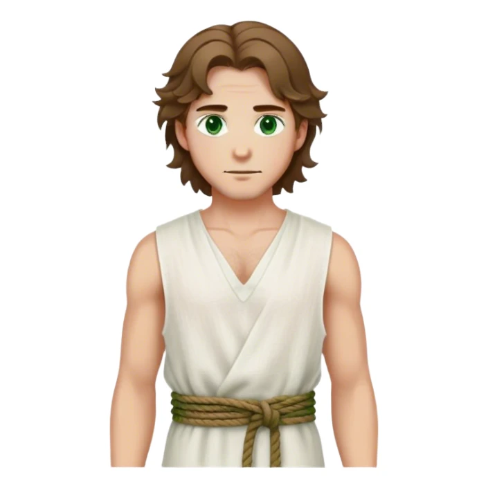 medieval summer outfit worn by a DnD themed fantasy male character. thin sleeveless linen tunic with a deep V-neck and a loosely tied rope belt. clothes only above the waist. The clothes full waist. The character's haven't arms. character is white-skinned, brown hair, green eyes, shoulder-length wavy hair. sticker