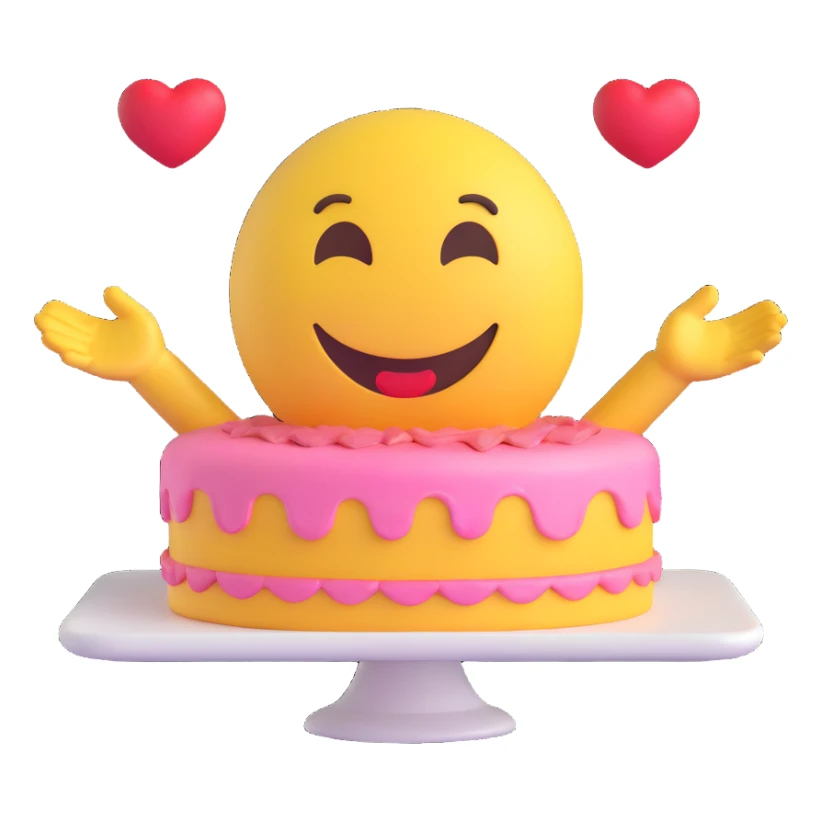 3D smiley emoji, round shape, in love: heart cake, smiling face, no body sticker