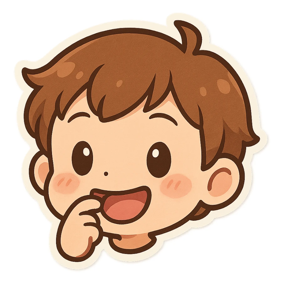 cartoon face smiling while biting fingernail, cheerful mood sticker