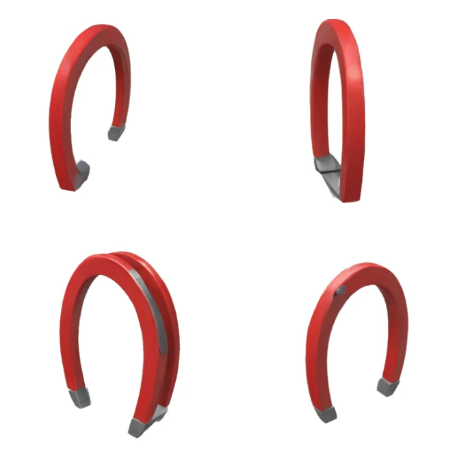 A horseshoe magnet, as used to pick up iron. Depicted at various angles in red with silver-tipped poles. sticker