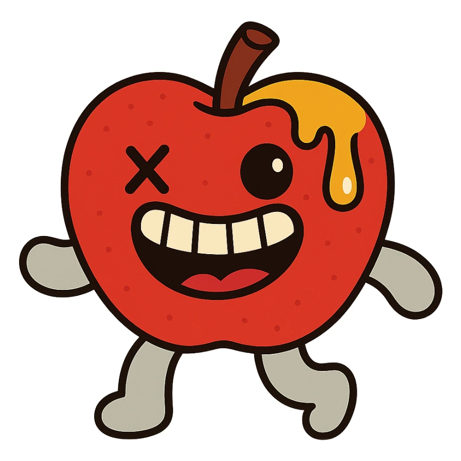 plush apple character with soft light grey limbs, left eye replaced by stitched X, golden ichor oozing from stem, wide toothy grin, no leaf sticker
