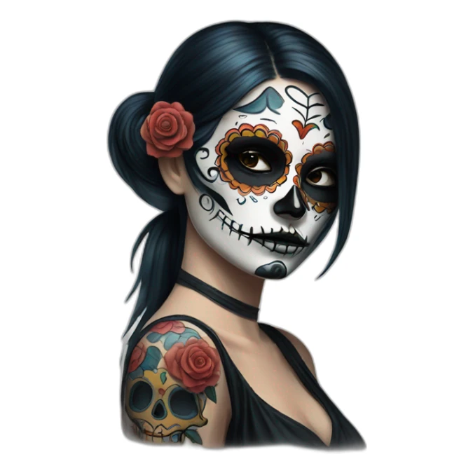 Lady looking over shoulder day of the dead tattoos and eyepatch sticker