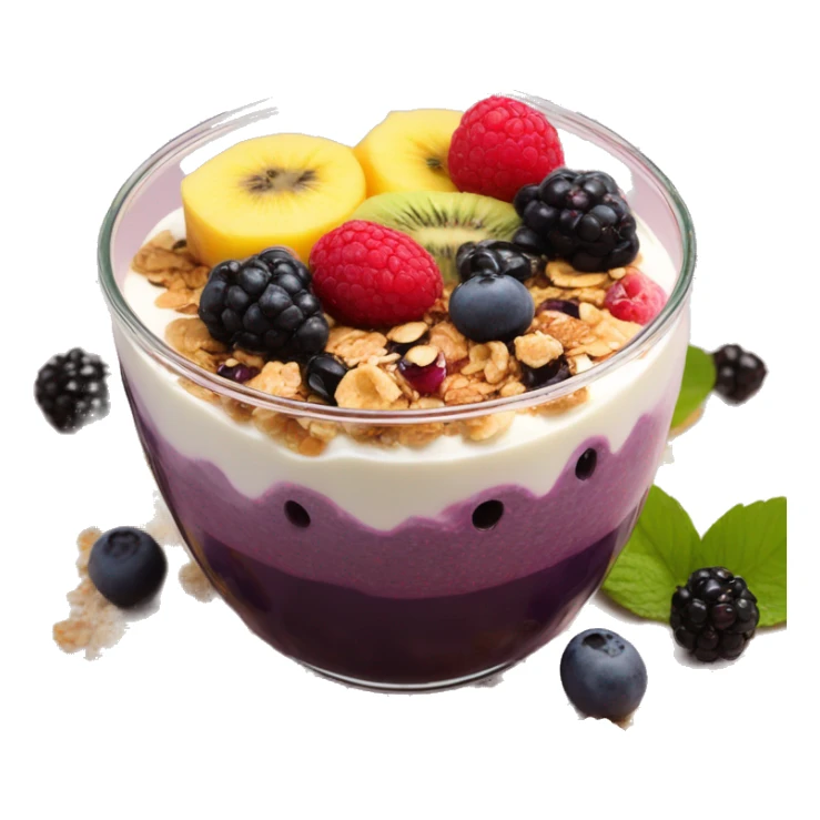 Açaí in a clear cup with layers of fruits and granola and condensed milk sticker