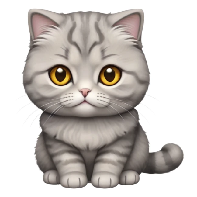 Cinematic-Fluffy-Grey-Scottish-Fold-Cat-Portrait-Emoji – Head tilted cutely with big, sparkling amber eyes, soft solid-grey fur with a velvety sheen, signature folded ears giving an irresistibly endearing look, simplified yet charmingly adorable features, highly detailed, glowing with a soft and warm charm. sticker