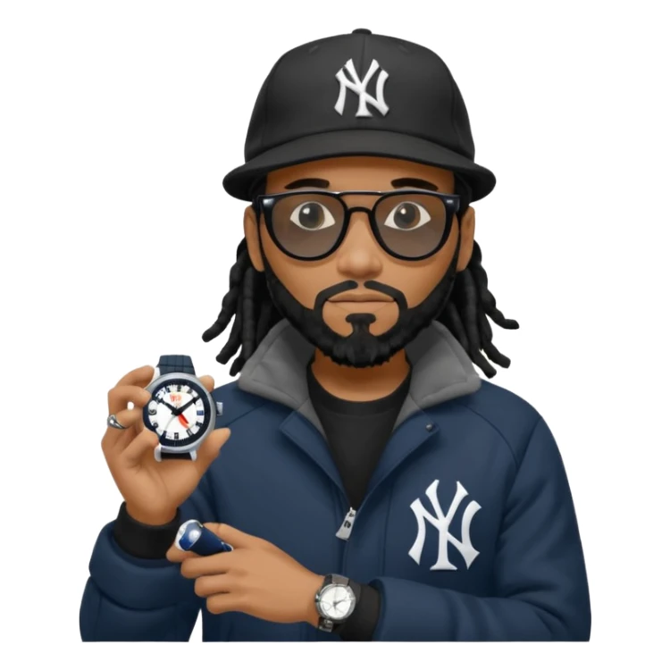 African American Man with shoulder length black dreadlocks with black beard wearing black sunglasses wearing a black bubble winter coat and a New York Yankees logo baseball cap checking the time on his watch sticker