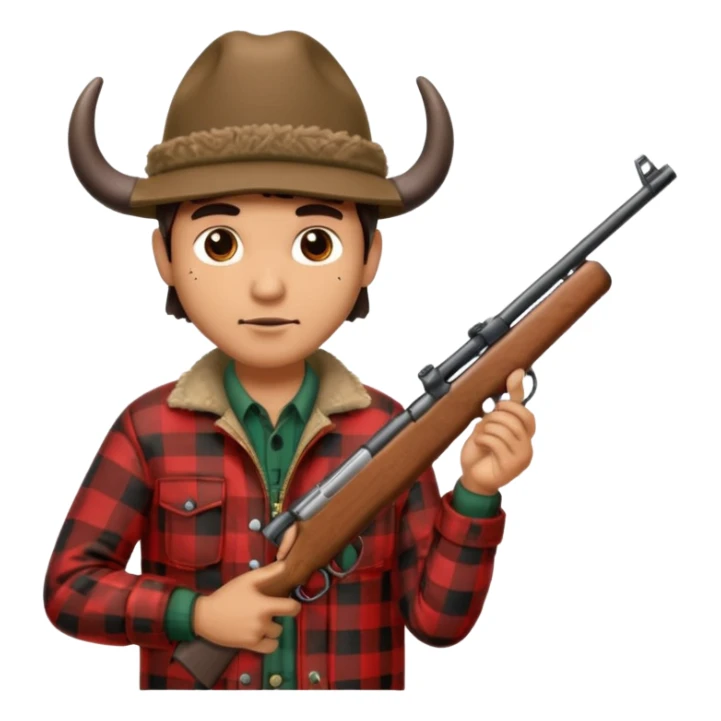 Man wearing buffalo plaid jacket with plaid hat, holding rifle sticker