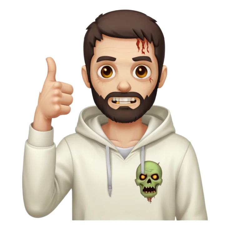 zombie with thumbs up gesture wearing plain white hoodie with no designs, dark brown hair and short full beard sticker