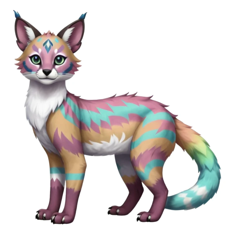 Colorful tropical tribal pale light fruity pastel white glorious iridescent divine exotic cute albino neon vibrant zigzagged cool beautiful fantasy-caracal-civet-genet-sergal-vernid-Gryphon-Cacomistle-Trico-oncilla-animal-Fakémon-hybrid-fursona (full body), facial markings,  sticker