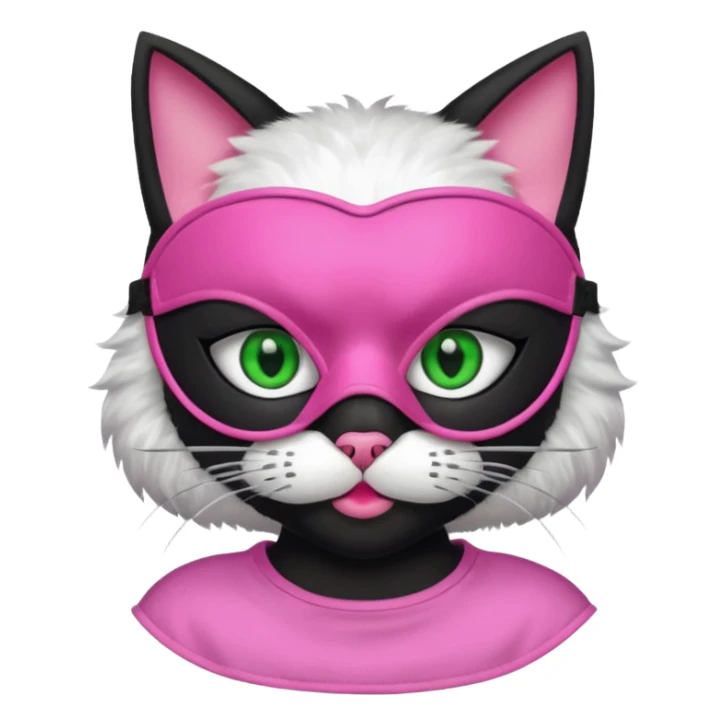 a black cat with pink mask and shirt, half upon
 sticker