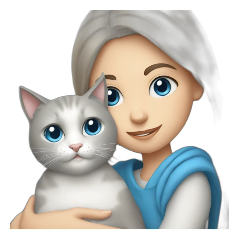light gray, blue eyed cat cuddles turkish girl sticker