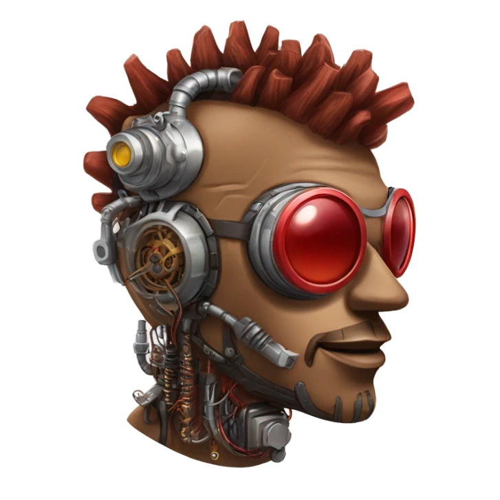 Brown cyborg head with red Mohawk, red beard. silver steampunk monocle goggles a smile and circuits sticker