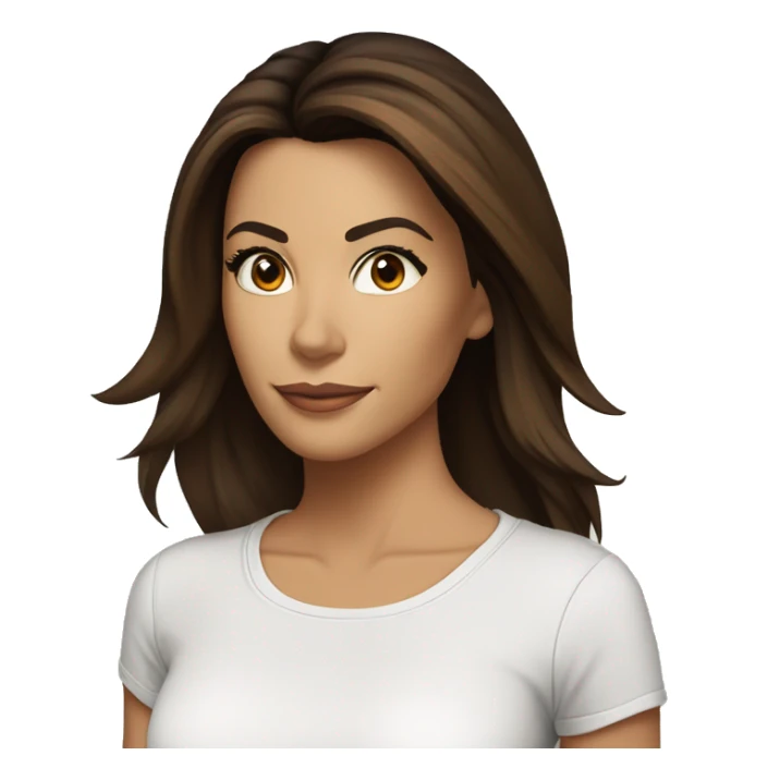 3/4 face, contrasted, shadow, light, Eva Longoria expression, standing from a distance, thin nose, brunette woman, hazel eyes, long eyelashes, dark shoulder shaded hair, white t-shirt, jeans, white sneakers sticker