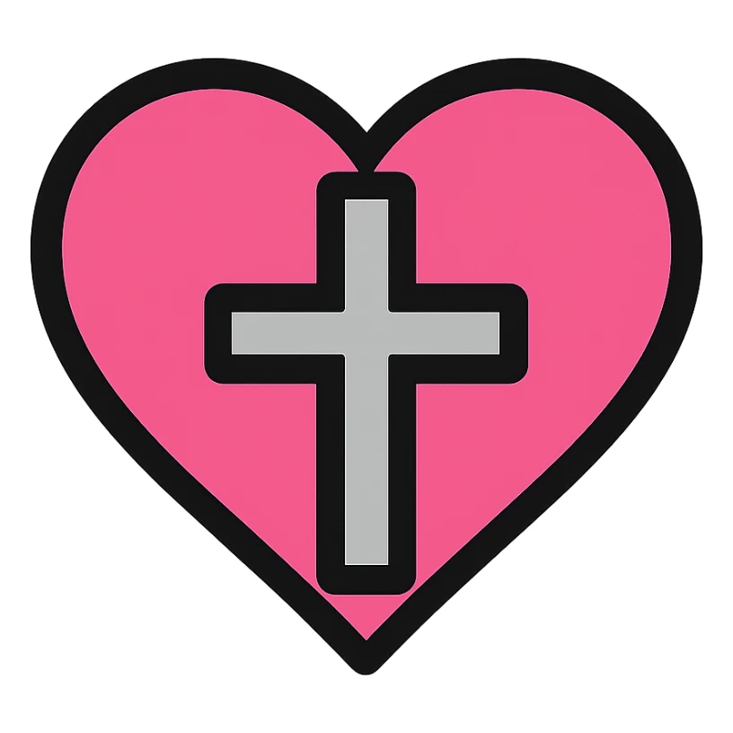 gothic heart with a silver cross, color icon filled style, pink and black sticker