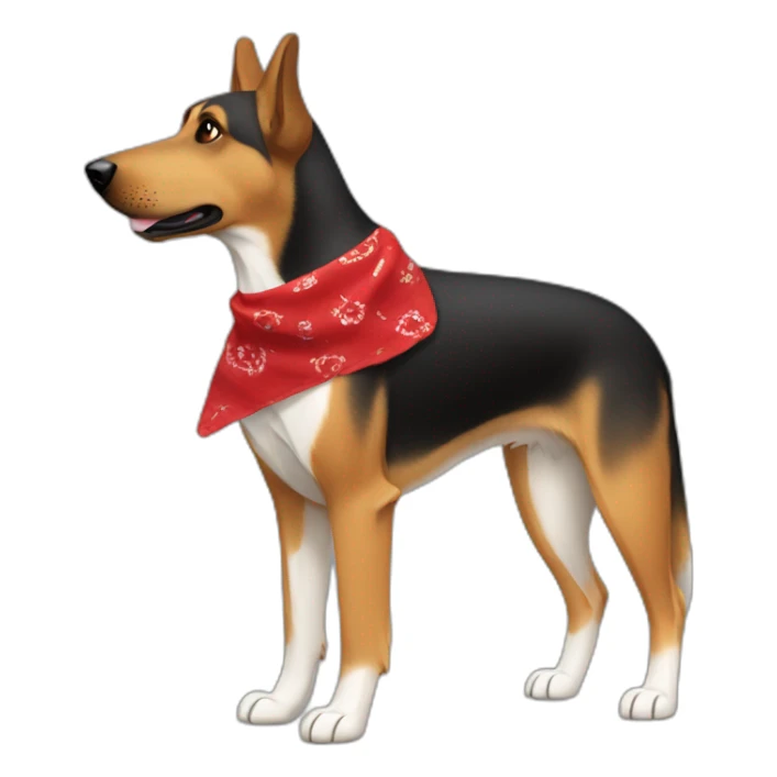 75% Coonhound 25% German Shepherd mix dog wearing small plain red bandana side view full body in profile left facing sticker