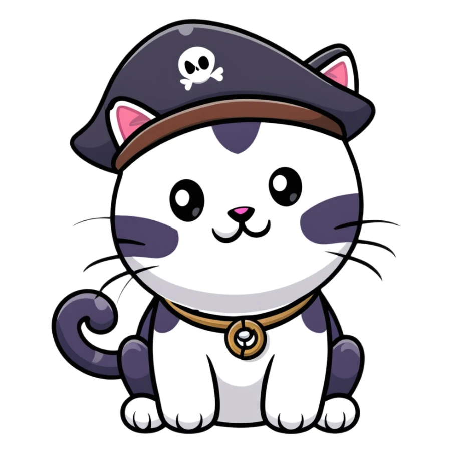 pirate cat with tricorn hat, beads in fur, mischievous expression sticker