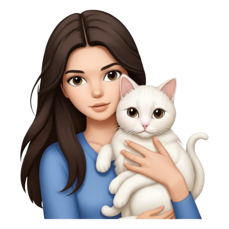 brunette Kendall Jenner with long hair holding on the hands a white cat sticker