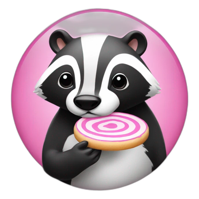 A badger with a white cookie with pink Swirl sticker