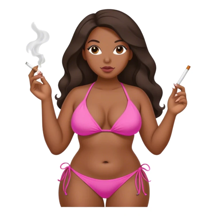 Curvy black long hair in pink bikini body sfw pose, smoking sticker