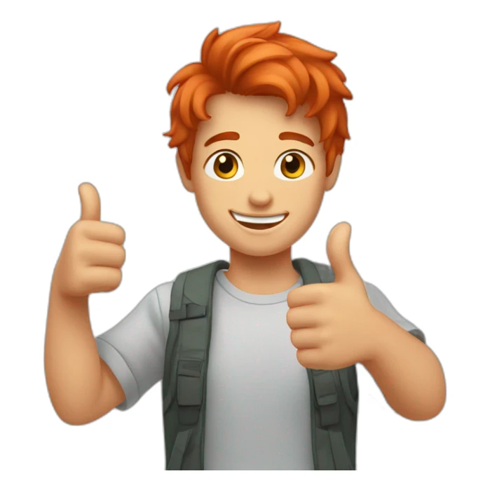 a young man with short red hair smiling and giving a thumbs up sticker