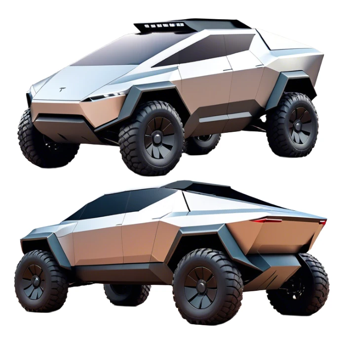 Tesla Cybertruck - A futuristic Tesla Cybertruck, angular and geometric with a sharp, triangular body shape. Stainless steel exoskeleton with a raw, unpainted, brushed-metal finish. A sleek, narrow LED light bar stretches across the entire front. Large, rugged off-road tires with exposed wheel arches. Smooth, handle-free doors and a slanted, armored rear with a retractable tonneau cover. Rear LED strip mirroring the front. The vehicle looks like a sci-fi-inspired, bulletproof stealth tank on wheels, set in a high-tech urban environment at sunset, with reflections on its metallic surface. sticker