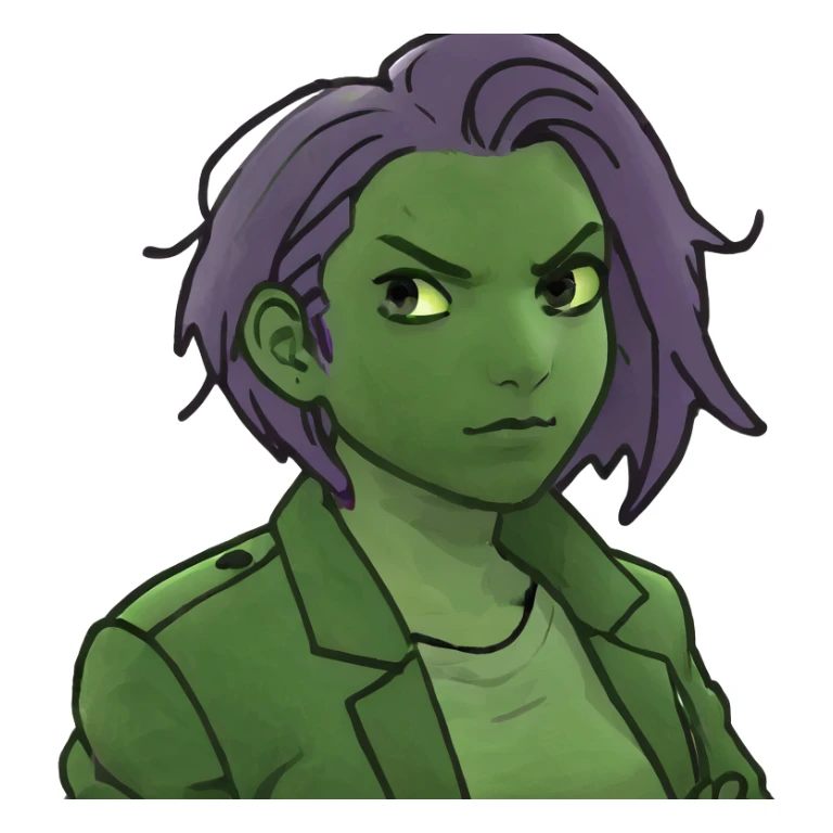 Man with stylish green jacket and purple hair, strong pose, bold expression, modern clothing style sticker