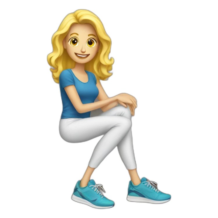 Blonde lady on couch with running shoes sticker