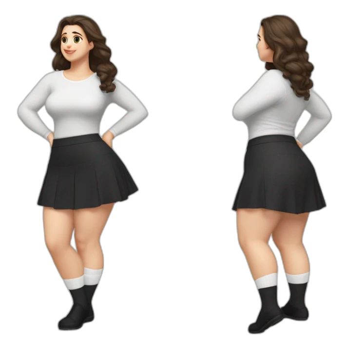 full-body-caucasian-curvy-beauty-кланяется-short-black-skirt-back-and-front-views-strong-wind-knickers-long-white-socks sticker