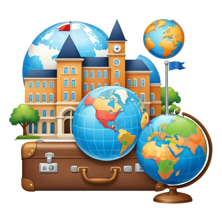 An icon featuring a suitcase, a globe, and a hotel building, symbolizing tourism and hospitality studies. The design includes a map and compass, representing travel research and industry analysis. Transparent background sticker
