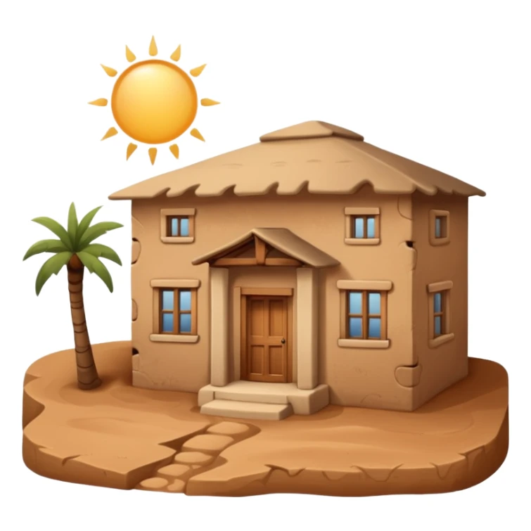 traditional mud building house, simple boxy shape, textured adobe or mud walls, small windows, authentic architectural details, front view sticker
