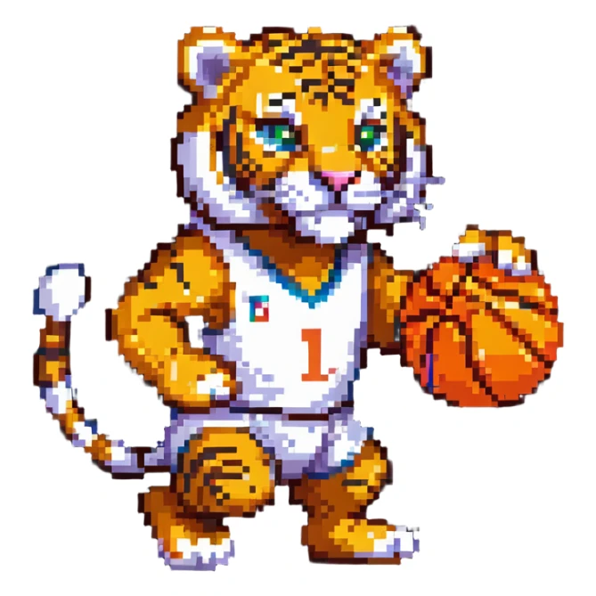 cartoon tiger playing basketball pixel art sticker