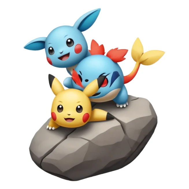 Two Pokémon characters working together — one is helping the other climb onto a small rock. Both look joyful and kind, with a bright, cheerful cartoon emoji style. sticker