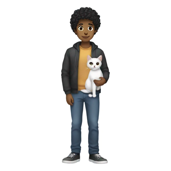 Standing Guy with short black curly hair holding a cat sticker