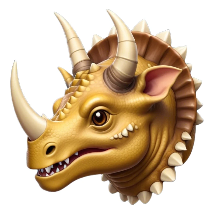 Cinematic Noble Triceratops Portrait Emoji, Poised and formidable, with a robust, stocky build adorned by three prominent horns and a broad, intricately frilled head, exuding ancient strength and wisdom, Simplified yet sharply defined features, highly detailed, glowing with a soft, earthy radiance, high shine, intelligent and stalwart, stylized with an air of prehistoric majesty, focused and resolute, soft glowing outline, capturing the essence of a watchful and confident Triceratops that appears ready to charge out of the screen with effortless power! sticker