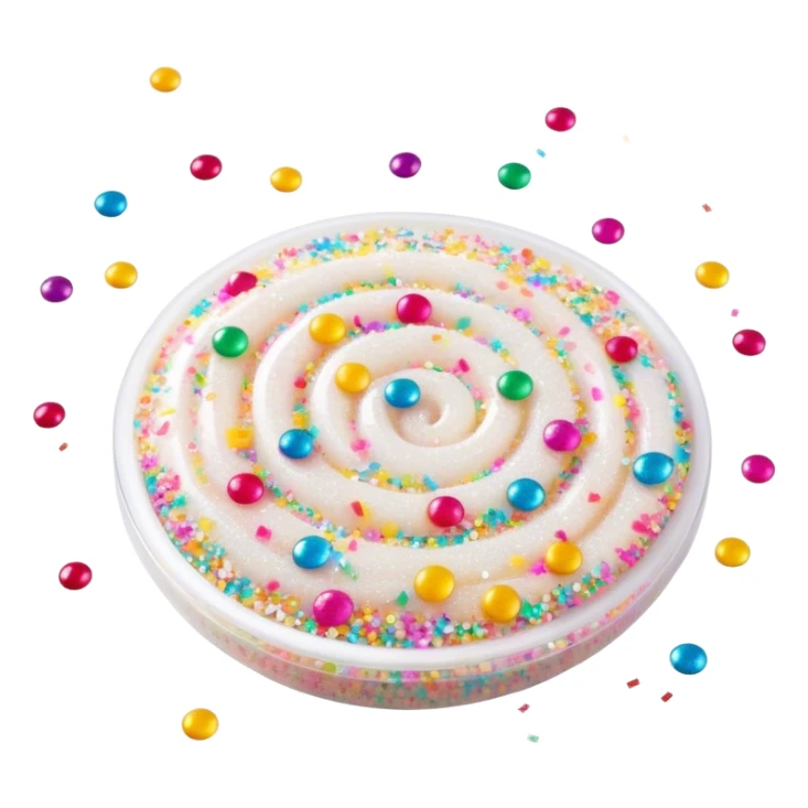 Cinematic Realistic Sparkles & Sprinkles, a delicate swirl of tiny, multicolored sugar confetti and edible glitter, scattered across a smooth reflective surface, each speck glinting under soft ambient light, glowing vibrantly with a dreamy and magical charm. sticker
