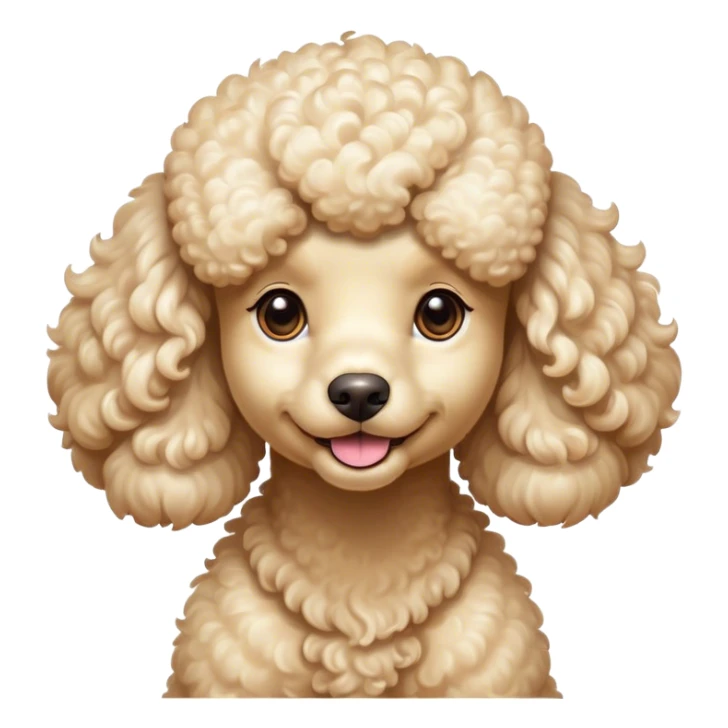 Cinematic Cute Cream Poodle Portrait Emoji, Head tilted playfully and inquisitively, showcasing a bouncy, curly cream Fur with a luminous sheen, round, sparkling warm eyes filled with curiosity, Simplified yet irresistibly adorable features, highly detailed, glowing with a warm, friendly glow, high shine, affectionate and lively, stylized with a touch of whimsy, bright and endearing, soft glowing outline, capturing the essence of a mischievous yet loving companion, so playful it feels like it could bounce out of the screen and into your arms! sticker