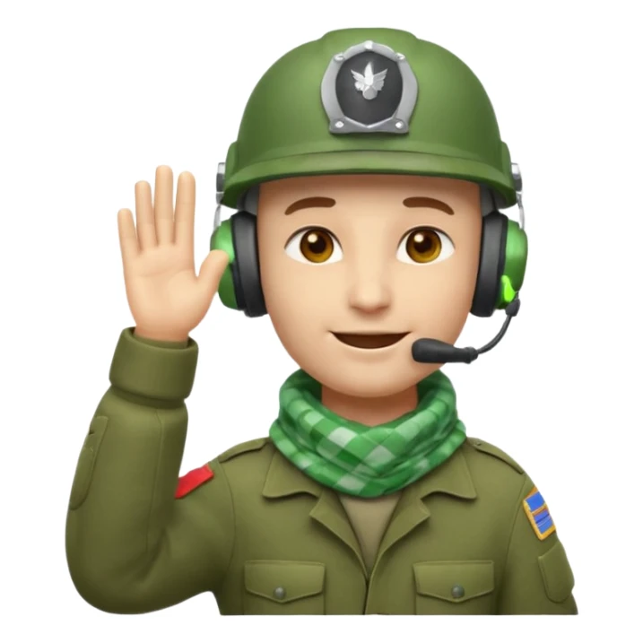 Soldier emoji head in green military helmet, large ear protectors, headset microphone, light green checkered scarf around neck, gray face, confident greeting pose with right hand raised in salute, vibrant colors, high detail on helmet textures and fabric, bust view, ultra-detailed PNG alpha channel sticker