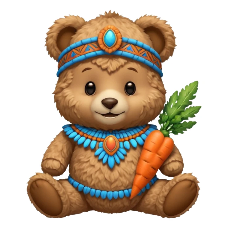 teddy bear half body, wearing blue mayan ancient custome, with carrot half body sticker