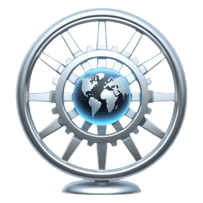 Minimal black line icon of a gear and globe, with circuit-style connected nodes, flat vector style, thin stroke, white background, representing global system configuration and connectivity. sticker