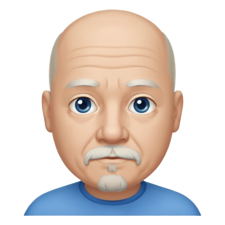 75, goatee, bald, grey side hair, chubby, blue eyes, chin hair sticker