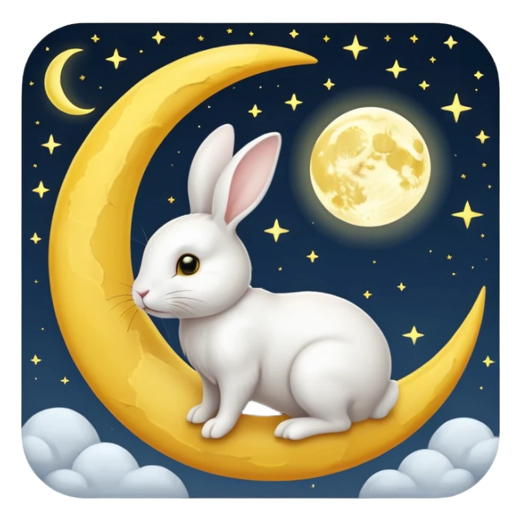 a white bunny in the foreground (no small details) and a large crescent moon in the background

minimal art versions please 2 colours, white and yellow sticker