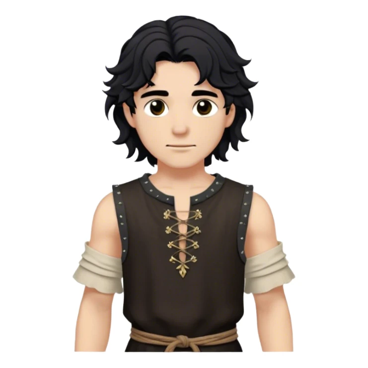 medieval summer outfit worn by a DnD themed fantasy male character. basic sleeveless hemp tunic with a reinforced collar and a crude stitch pattern. clothes only above the waist. The clothes full waist. The character's haven't arms. character is white-skinned, jet black hair, brown eyes, medium-length wavy hair. sticker