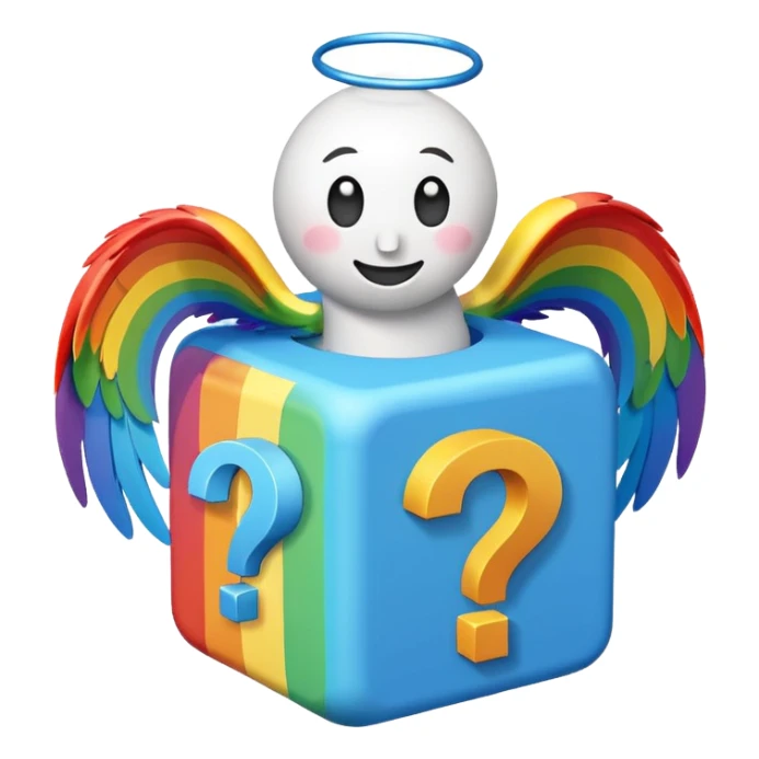  mainly blue and rainbow, the blue being the block itself. The rainbow parts are question marks, corner and smile. It has 2 white wings on each side like the other Lucky Blocks. sticker